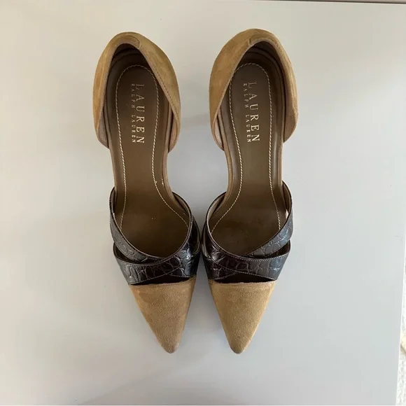 Ralph Lauren | Tan & Brown Leather Suede Pumps Sz 7 - Picture 4 of 5